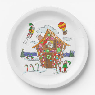 Comical Christmas Scene Santa Elves and Rudolph Paper Plate