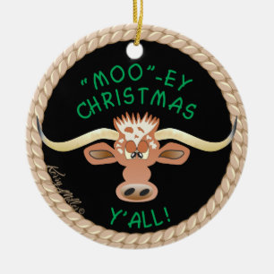 Comical Longhorn Steer Ceramic Tree Decoration