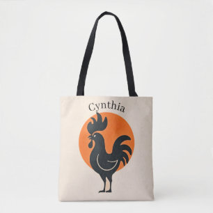 Comical Rooster with Orange Sun Tote Bag