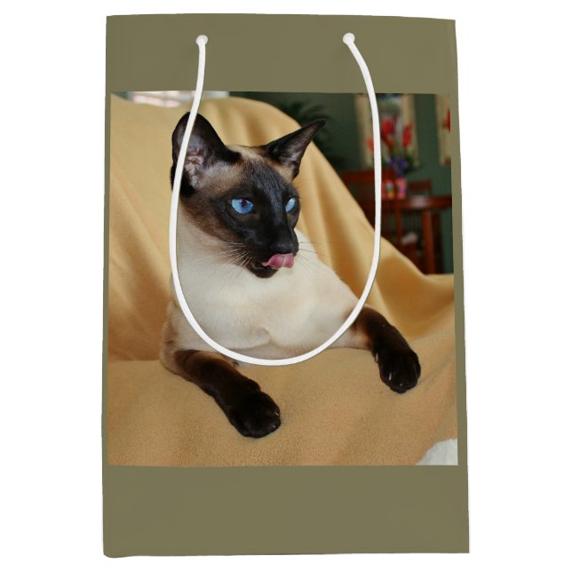 Comical Seal Point Siamese Cat Licking It's Nose Medium Gift Bag (Front)
