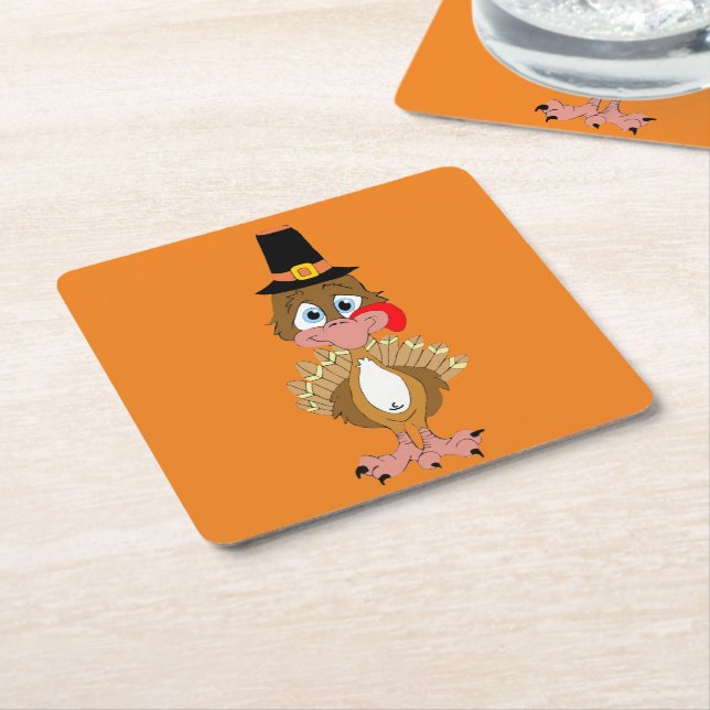 Comical Thanksgiving Turkey Square Paper Coaster (Angled)