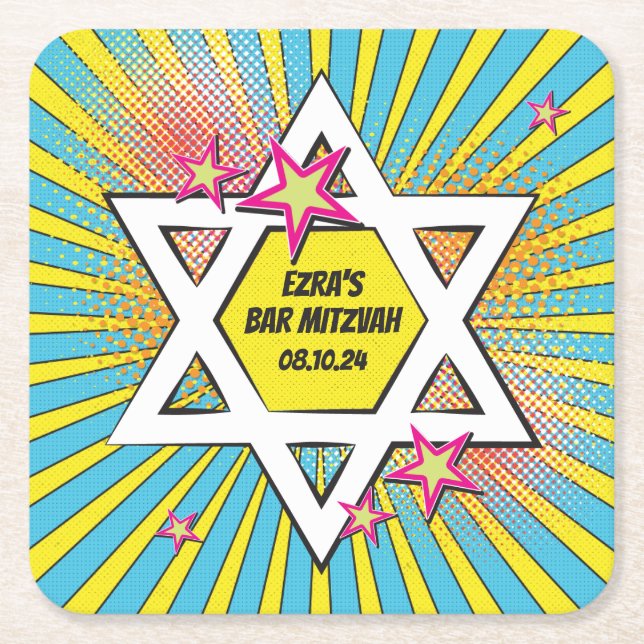 Comics Comic Book Bar Mitzvah Star of David Square Paper Coaster (Front)