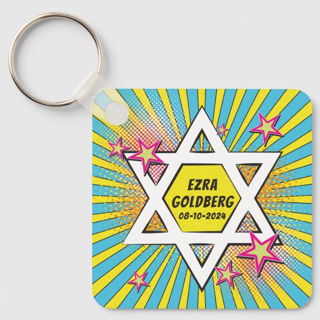 Comics Comic Book Bar or Bat Mitzvah personalised Key Ring (Front)