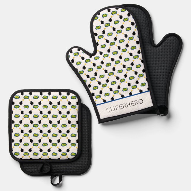 Comics SUPERHERO Pattern Boom Bomb Fun Oven Mitt & Pot Holder Set (Front/Back)