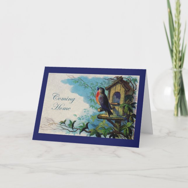 Coming Home, Vintage Robin with Birdhouse Announcement (Front)