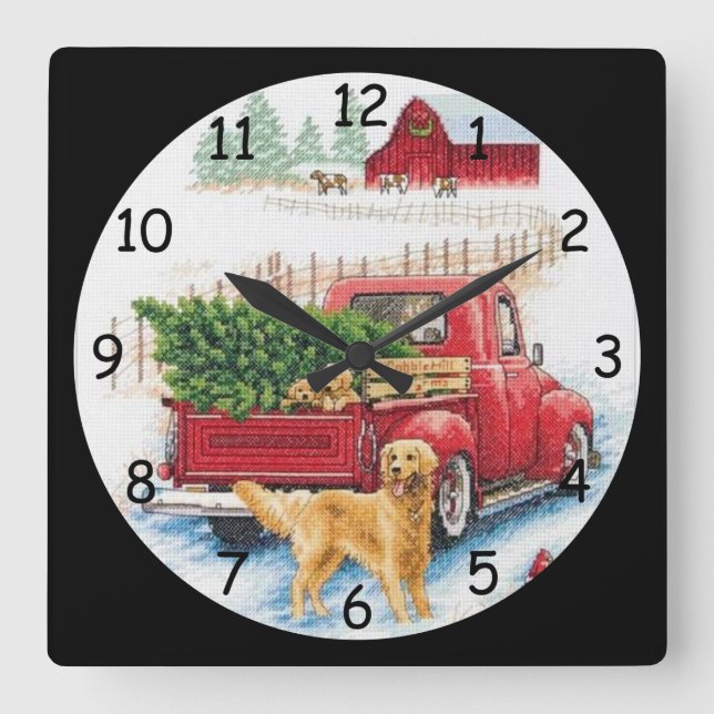 Coming Home with a Christmas Tree Needlepoint Square Wall Clock (Front)