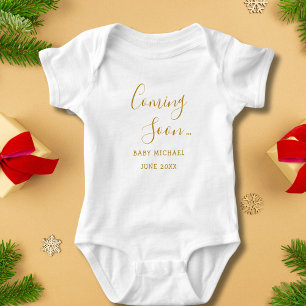 Coming Soon Gold Script Pregnancy Announcement Baby Bodysuit