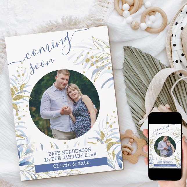 Coming Soon Maternity Photo Elegant Blue Foliage Announcement (Creator Uploaded)