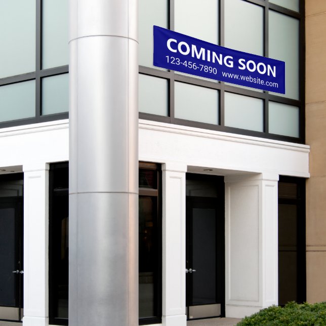 Coming Soon Navy Blue and White Business Website Banner (Outside Building)