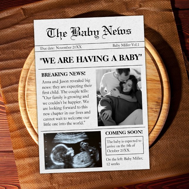 Coming Soon Newspaper Photo Pregnancy Announcement (newspaper style pregnancy announcement coming soon ultrasound photo sonogram unique )