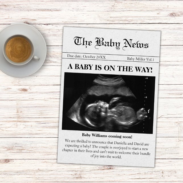 Coming Soon Newspaper Photo Pregnancy Announcement (newspaper pregnancy announcement card sonogram ultrasound photo coming soon baby on the way)