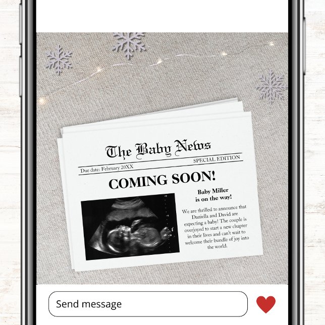 Coming Soon Newspaper Photo Winter Pregnancy Announcement (coming soon winter newspaper style photo pregnancy announcement card ultrasound sonogram)