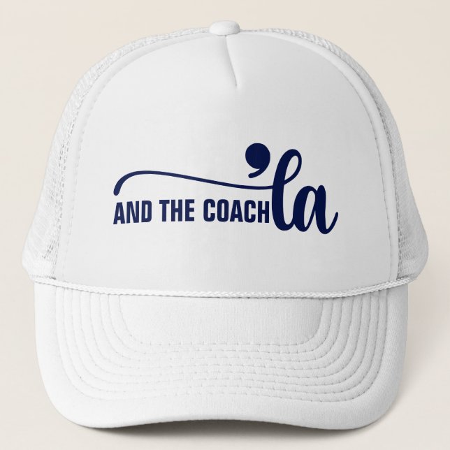Comma la & Coach | Kamala Harris Coach Blue Trucker Hat (Front)
