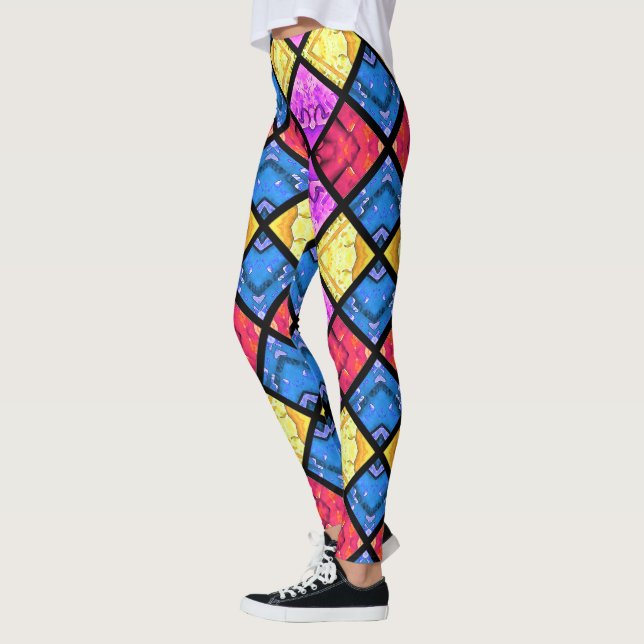 Commedia dell'Arte Harlequin Red Gold Blue Pink Leggings (Left)