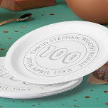 Commemorative 100th Birthday Celebration Paper Pla Plate<br><div class="desc">Commemorative birthday celebration party plate with person's name,  and the date of their birthday. A paper plate for someone who is 100</div>