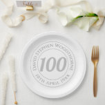 Commemorative 100th Birthday Celebration Paper Plate<br><div class="desc">Commemorative birthday celebration party plate with person's name,  and the date of their birthday. A paper plate for someone who is 100</div>
