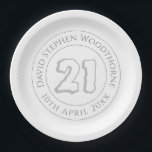 Commemorative 21st Birthday Celebration Paper Plate<br><div class="desc">Introducing our stylish commemorative birthday celebration party paper plates, designed to mark the special occasion of turning 21. These custom plates are personalised with the guest of honour's name and the date of their birthday, adding a personal touch to the celebration. The silvery grey printing exudes sophistication, signifying the transition...</div>