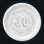 Commemorative 30th Birthday Celebration Paper Plat Plate<br><div class="desc">30th birthday paper plates. Commemorative birthday celebration party plate with person's name,  and the date of their birthday. A paper plate for someone who is 30</div>