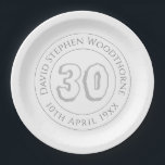 Commemorative 30th Birthday Celebration Paper Plat Plate<br><div class="desc">30th birthday paper plates. Commemorative birthday celebration party plate with person's name,  and the date of their birthday. A paper plate for someone who is 30</div>