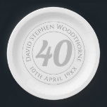 Commemorative 40th Birthday Celebration Paper Plate<br><div class="desc">Commemorative birthday celebration party plate with person's name,  and the date of their birthday. A paper plate for someone who is 40</div>