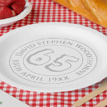 Commemorative 65th Birthday Celebration Paper Plate<br><div class="desc">Commemorative birthday celebration party plate with person's name,  and the date of their birthday. A paper plate for someone who is 65</div>