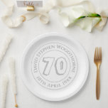 Commemorative 70th Birthday Celebration Paper Plate<br><div class="desc">Introducing our elegant commemorative birthday celebration party paper plates, designed to honour a significant milestone - the grand celebration of turning 70. These paper plates are carefully customised with the guest of honour's name and the date of their birthday, adding a personal and heartfelt touch to the festivities. The silvery...</div>