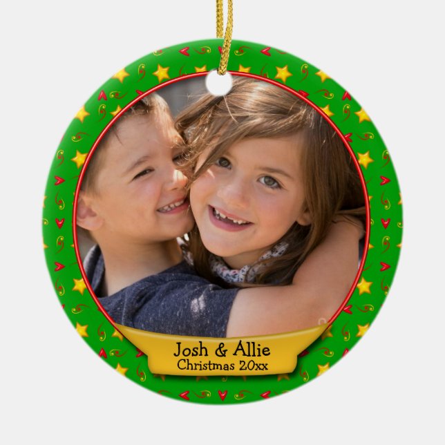 Commemorative Christmas Memories • Hearts & Stars Ceramic Tree Decoration (Front)