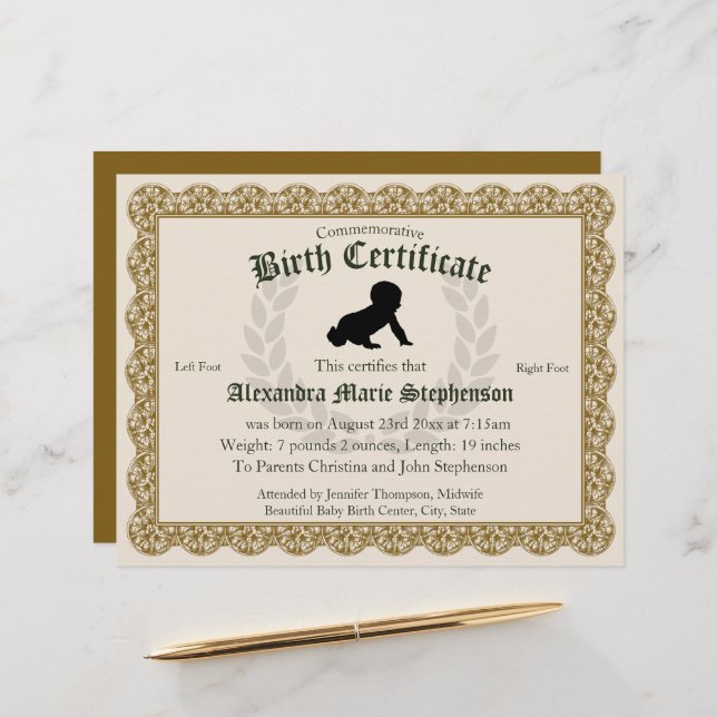Commemorative Keepsake Footprint Birth Certificate (Front/Back In Situ)