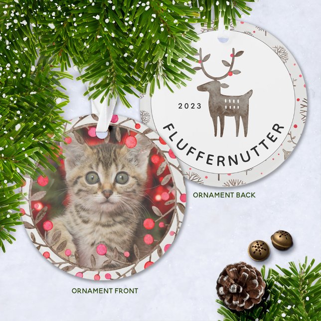 Commemorative Keepsake Pet Photo + Year w Reindeer Ornament (Cute Kitten's First Christmas ornament, Puppy's First Christmas, or Pet Commemorative Ornament.)
