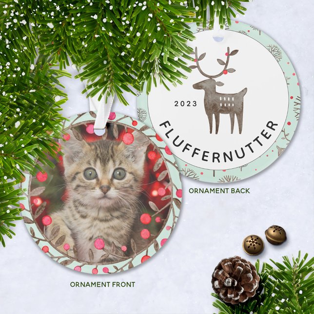 Commemorative Keepsake Pet Photo + Year w Reindeer Ornament (Cute Kitten's First Christmas ornament, Puppy's First Christmas, or Pet Commemorative Ornament.)