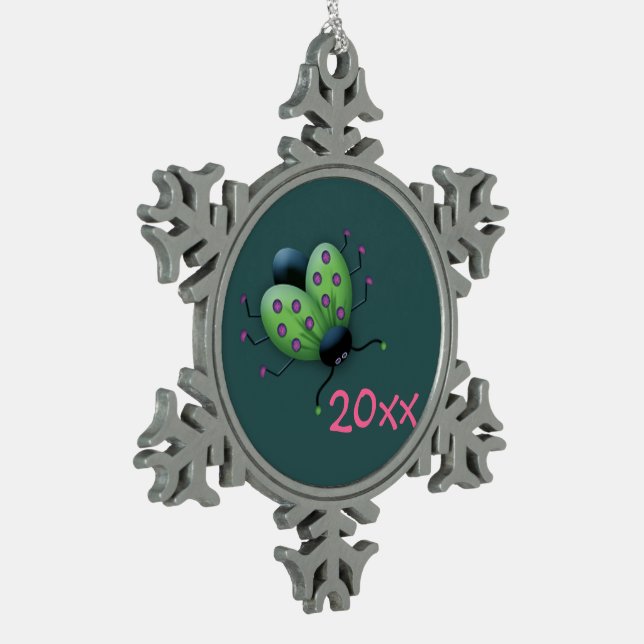 Commemorative Lime Green Ladybug Snowflake Pewter Christmas Ornament (Left)