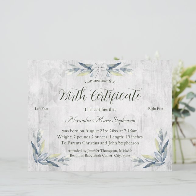 Commemorative New Baby Footprint Birth Certificate (Standing Front)