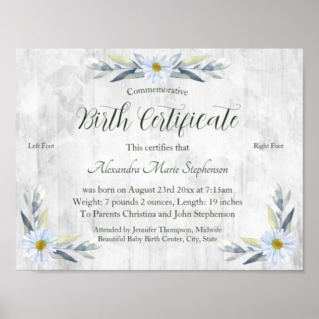 Commemorative New Baby Footprint Birth Certificate Poster (Front)