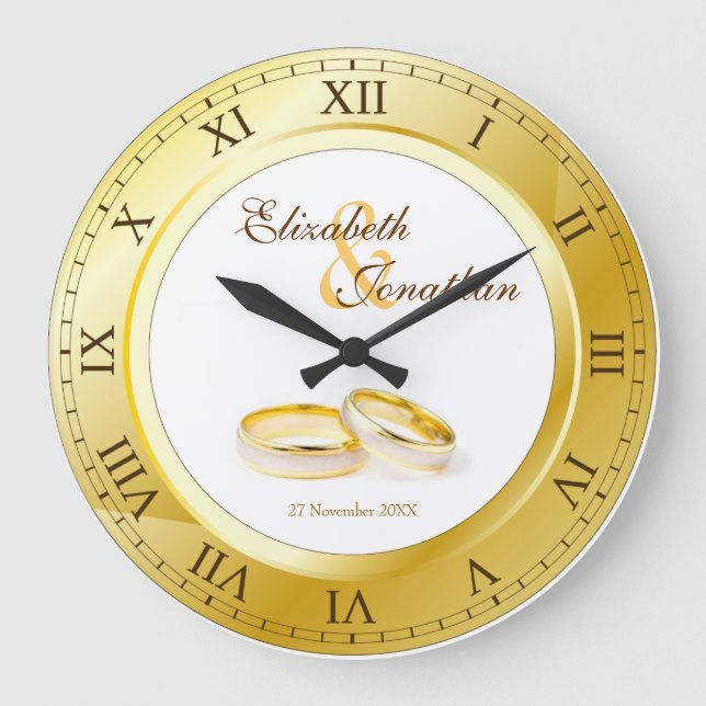 Commemorative Wedding Gold Roman Numerals Photo Large Clock (Front)