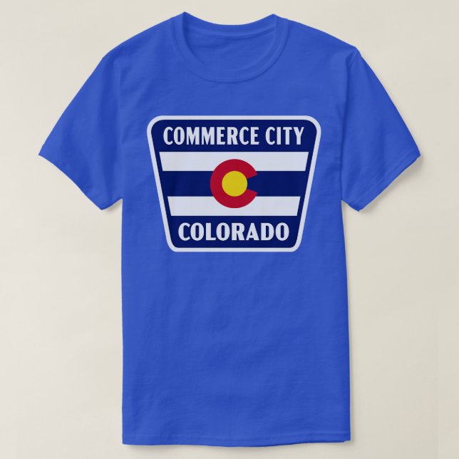 Commerce City Colorado Retro Flag Badge Blue T-Shirt (Design Front)