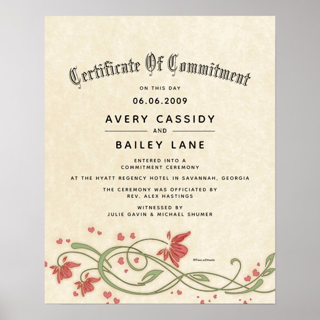 "Commitment Ceremony" Floral Wedding Certificate Poster (Front)