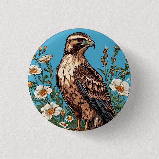 Common buzzard Bird Amid Blooming Flowers 3 Cm Round Badge (Front)