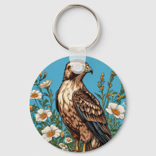 Common buzzard Bird Amid Blooming Flowers Key Ring