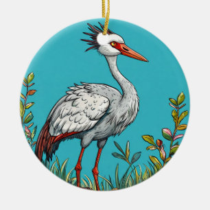 Common crane Bird Amid Blooming Flowers Ceramic Tree Decoration