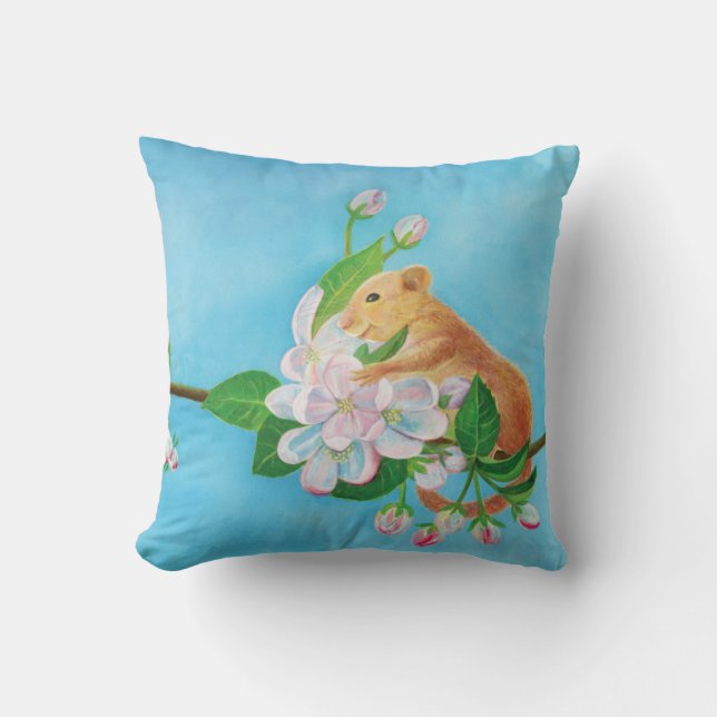 Common Dormouse on blooming branch of apple tree  Cushion (Front)