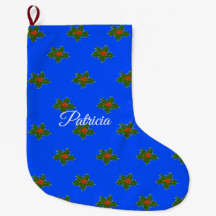 Common Holly Design on Blue Large Christmas Stocking