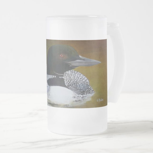 Common Loon Frosted Glass Mug, 16 oz Frosted Glass Beer Mug (Front Right)