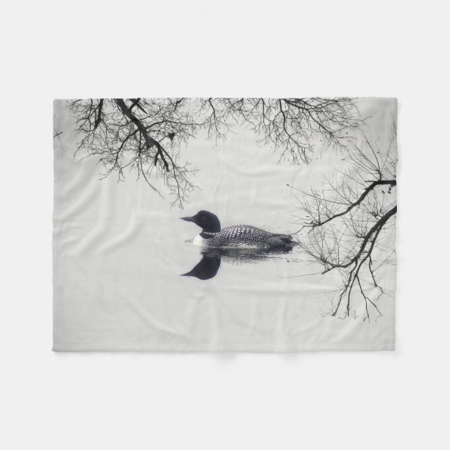 Common Loon Swims in a Northern Lake in Winter Fleece Blanket (Front (Horizontal))