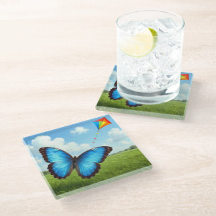 Common Morpho Butterfly Flying a Kite Glass Coaster