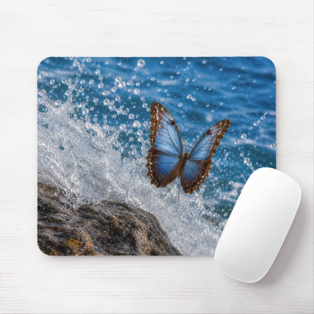 Common Morpho Butterfly Hovering Over Ocean Wave Mouse Pad (With Mouse)