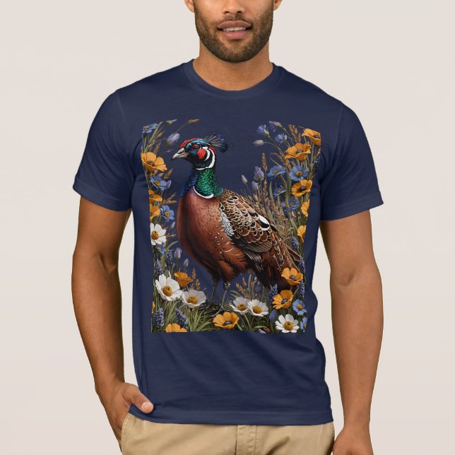 Common Pheasant Amongst Purple Flowers T-Shirt (Front)
