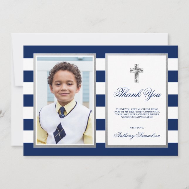 Communion Baptism Confirmation Navy Boy PHOTO Thank You Card (Front)