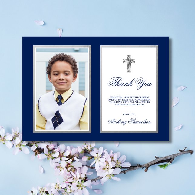 Communion Baptism Confirmation Navy Boy PHOTO Thank You Card (Creator Uploaded)
