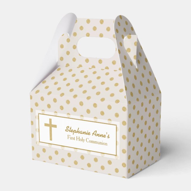 Communion Beige with Gold Polka Dots Favour Box (Front Side)