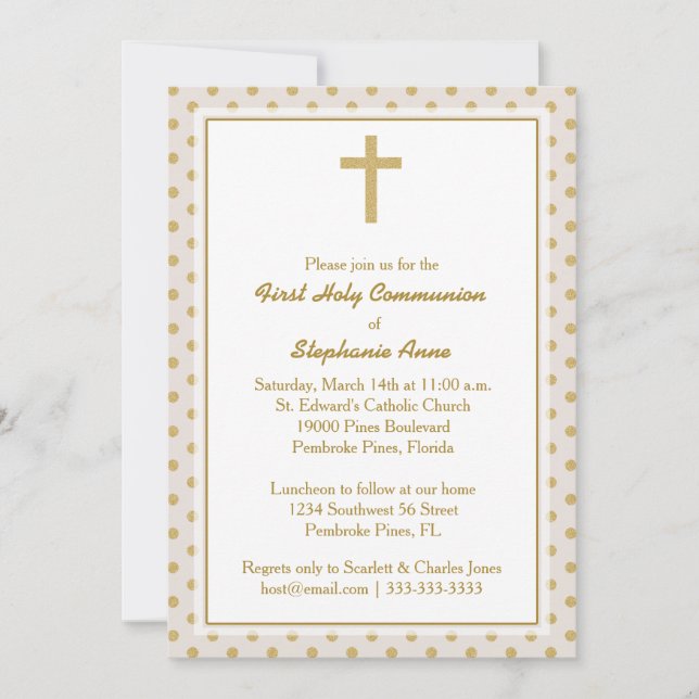 Communion Beige with Gold Polka Dots Invitation (Front)